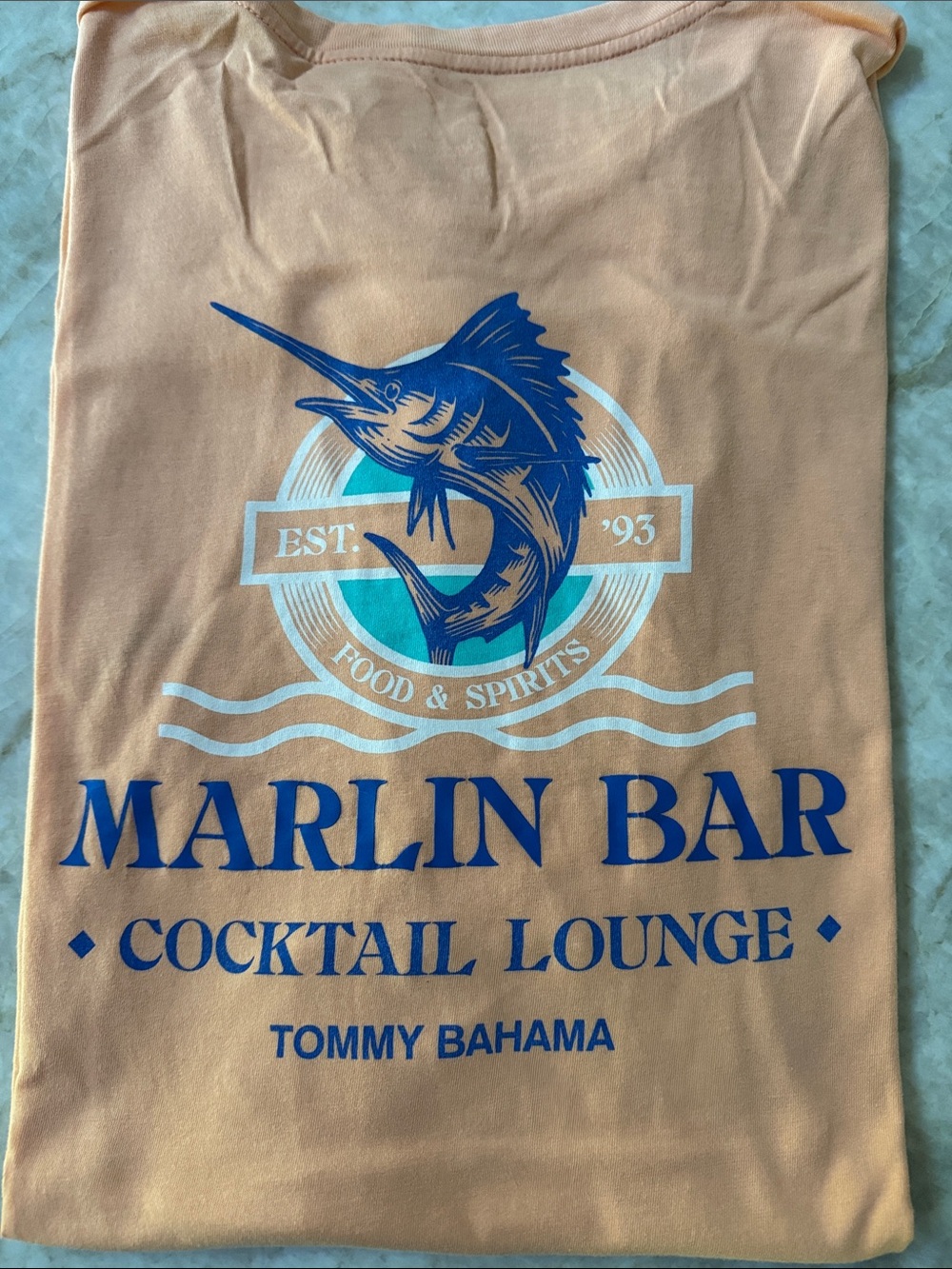 Tommy Bahama Peach Graphic Tee with Blue Marlin Logo